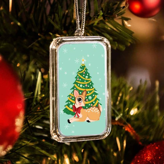 1 oz Silver Colorized Bar - Deer Laying Under Christmas Tree 1 oz Silver Colorized Bar - Deer Laying Under Christmas Tree