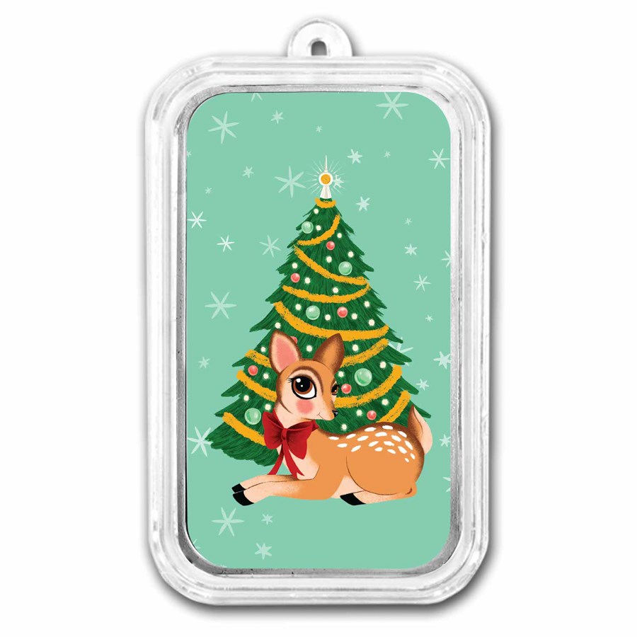 1 oz Silver Colorized Bar - Deer Laying Under Christmas Tree
