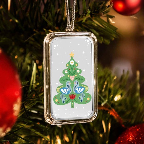 1 oz Silver Colorized Bar - Folk Art Christmas Tree