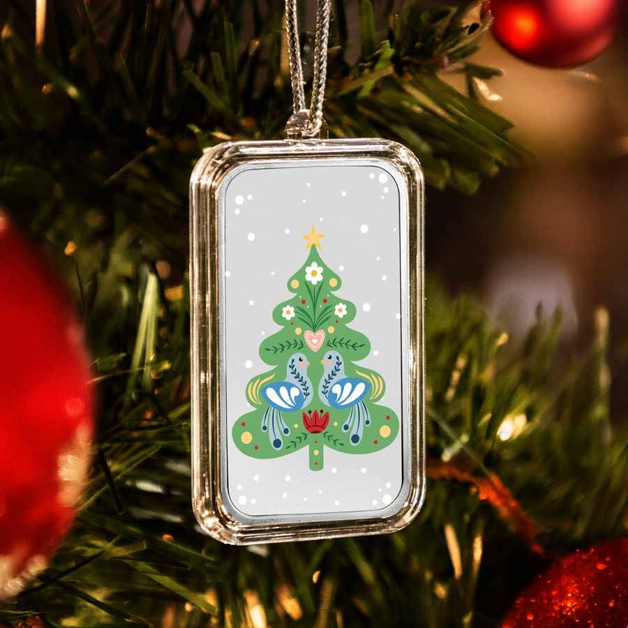 1 oz Silver Colorized Bar - Folk Art Christmas Tree