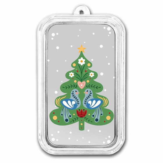 1 oz Silver Colorized Bar - Folk Art Christmas Tree