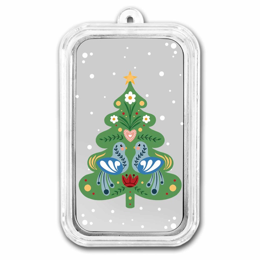 1 oz Silver Colorized Bar - Folk Art Christmas Tree