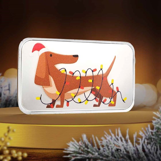 1 oz Silver Colorized Bar - Here Comes Santa Paws