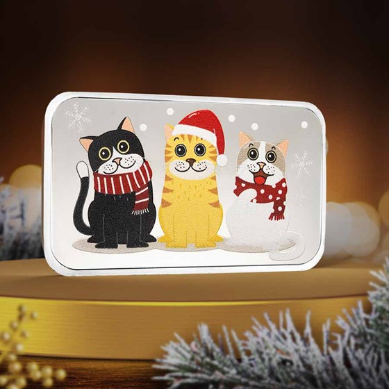 1 oz Silver Colorized Bar - Meowy Christmas & Happy New Year