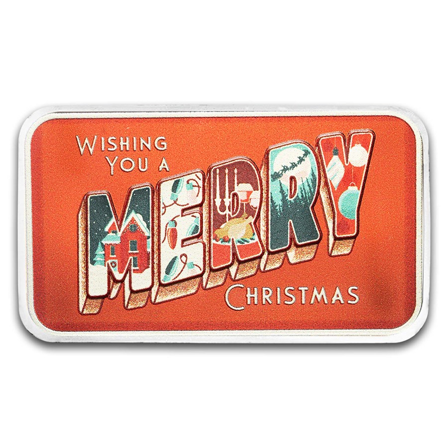 1 oz Silver Colorized Bar - Merry Christmas Postcard