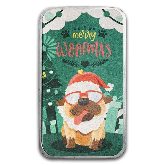 1 oz Silver Colorized Bar - Merry Woofmas Festive Doggy 1 oz Silver Colorized Bar - Merry Woofmas Festive Doggy
