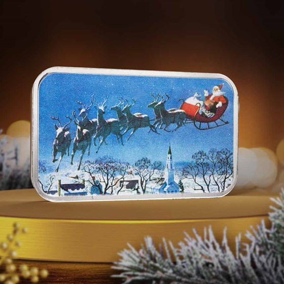 1 oz Silver Colorized Bar - Santa's Sleigh and Eight Reindeer