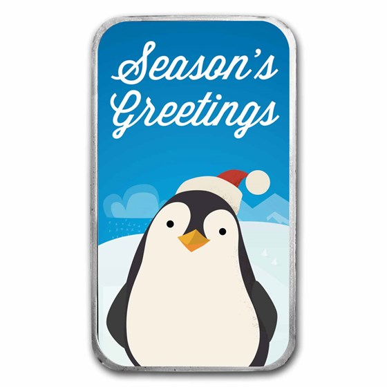 1 oz Silver Colorized Bar - Season's Greetings Penguin