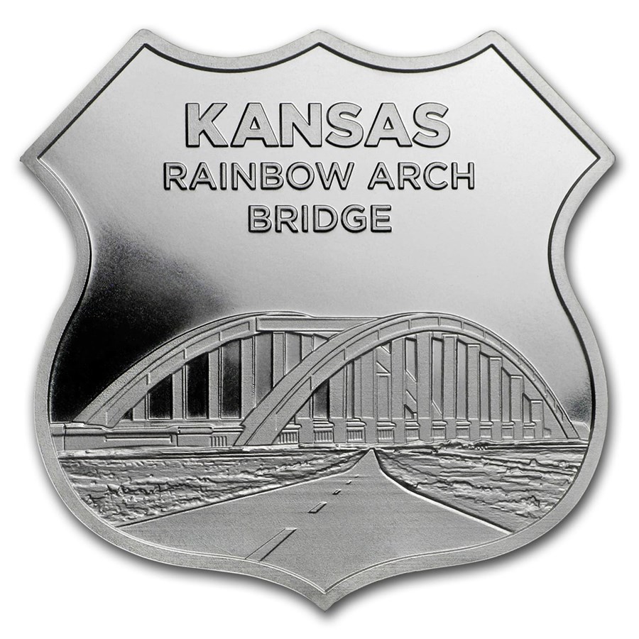 1 oz Silver - Icons of Route 66 Shield (Kansas Rainbow Bridge)