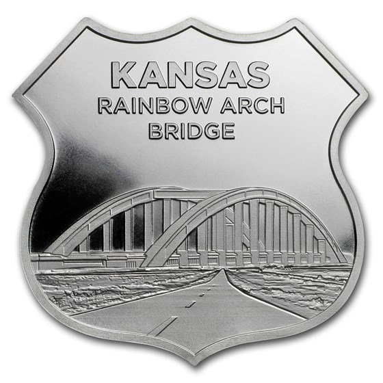 1 oz Silver - Icons of Route 66 Shield (Kansas Rainbow Bridge) 1 oz Silver - Icons of Route 66 Shield (Kansas Rainbow Bridge)