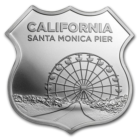 1 oz Silver - Icons of Route 66 Shield (Santa Monica Pier) 1 oz Silver - Icons of Route 66 Shield (Santa Monica Pier)