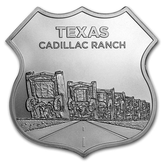 1 oz Silver - Icons of Route 66 Shield (Texas Cadillac Ranch) 1 oz Silver - Icons of Route 66 Shield (Texas Cadillac Ranch)