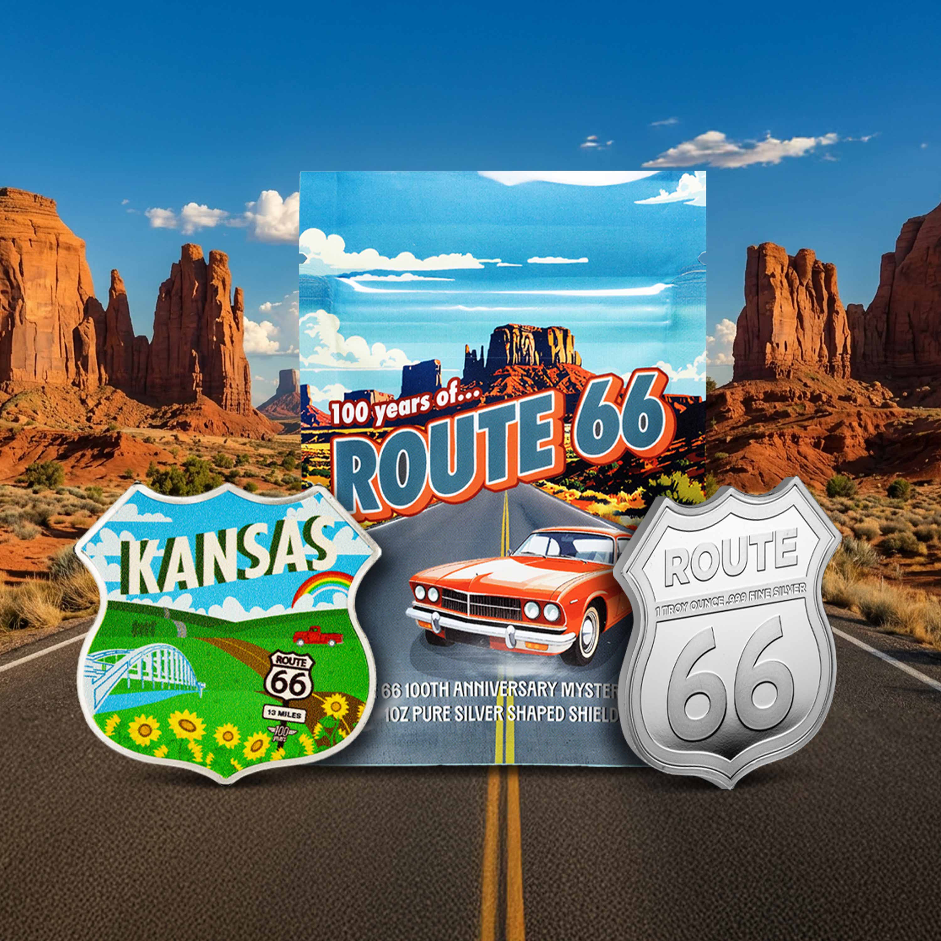 Buy 1 oz Silver Miles on Route 66 Color Shield Mystery Pack | APMEX