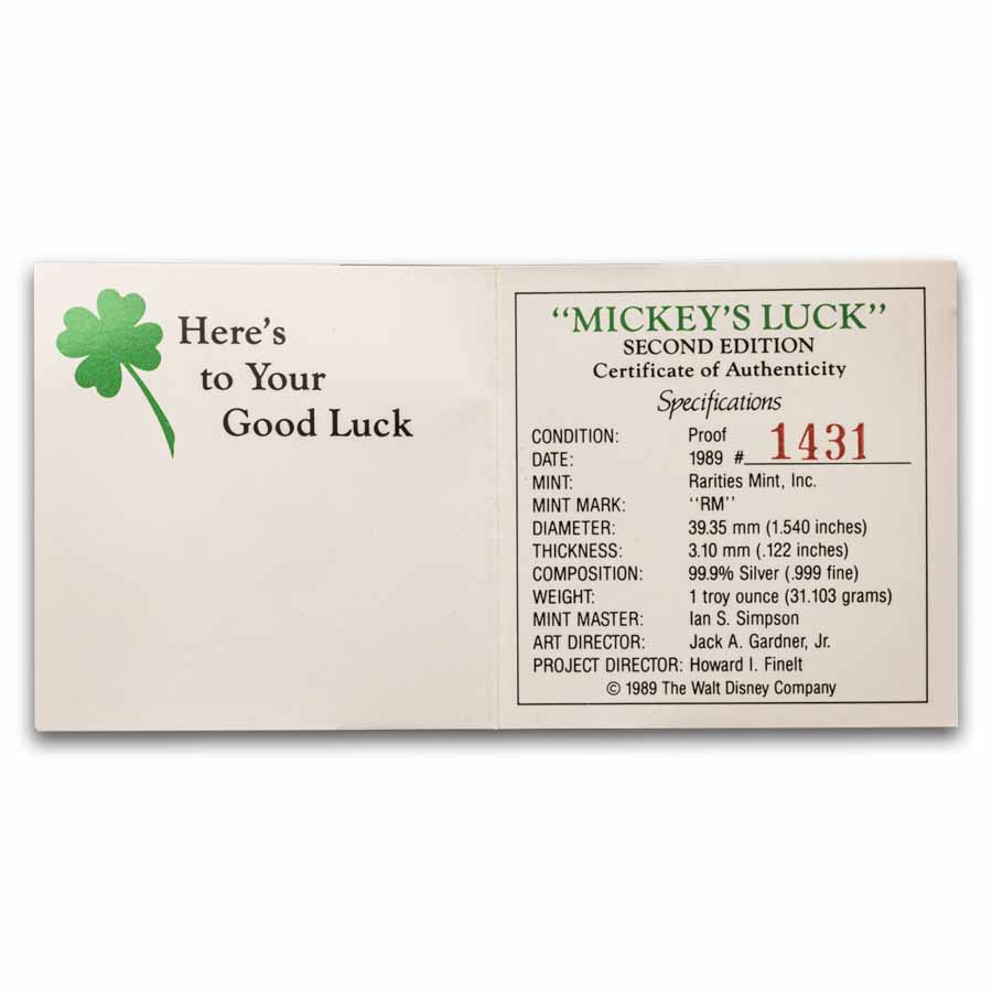 1 oz Silver Round - 1989 Mickey's Luck (Rarities Mint)