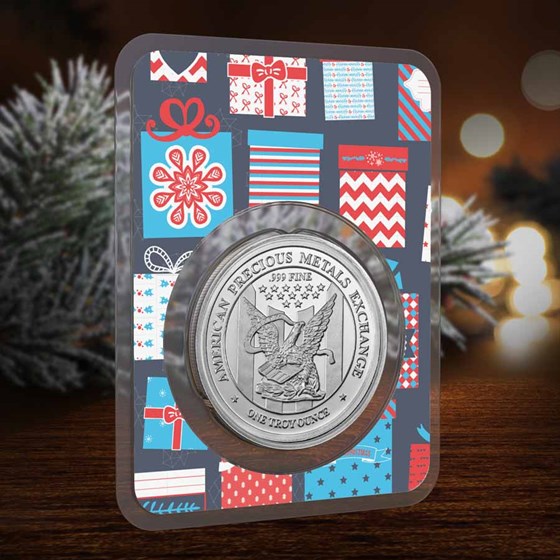 1 oz Silver Round - APMEX (w/Blue Christmas Present Card, In TEP)