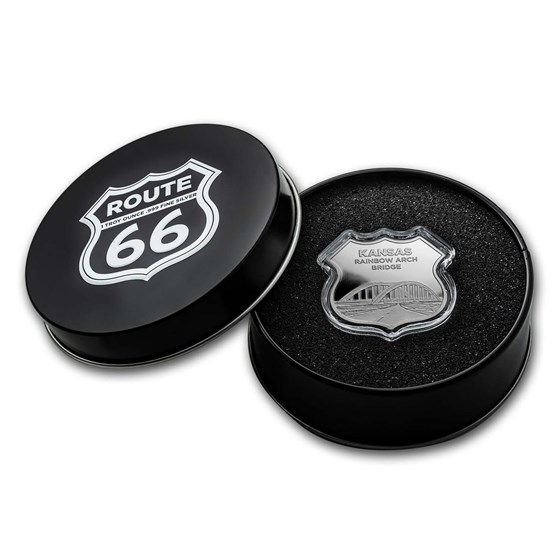 1 oz Silver Round - Route 66 Kansas Rainbow Bridge w/Gift Box Tin 1 oz Silver Round - Route 66 Kansas Rainbow Bridge w/Gift Box Tin