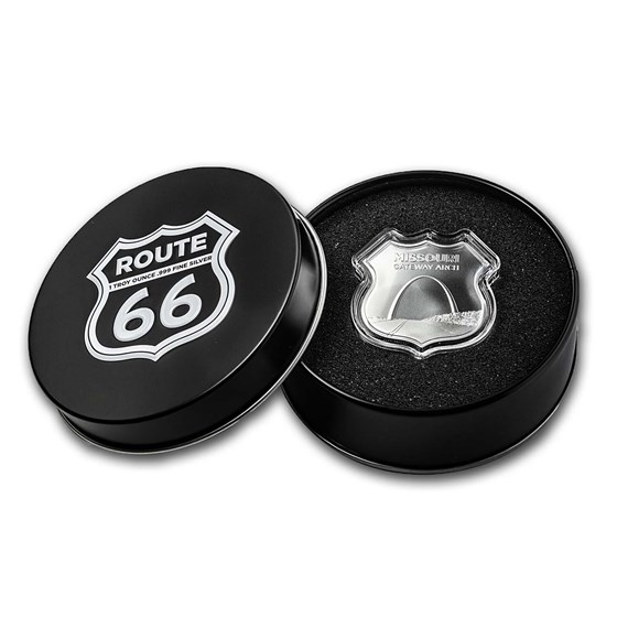 1 oz Silver Round - Route 66 Missouri Gateway Arch w/Gift Box Tin 1 oz Silver Round - Route 66 Missouri Gateway Arch w/Gift Box Tin