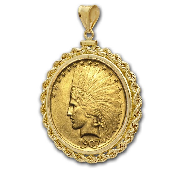 $10 Indian Gold Eagle Pendant (Rope-ScrewTop Bezel)