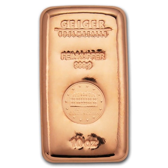 10 oz Copper Bar - Geiger (Poured, .9999 Fine) 10 oz Copper Bar - Geiger (Poured, .9999 Fine)