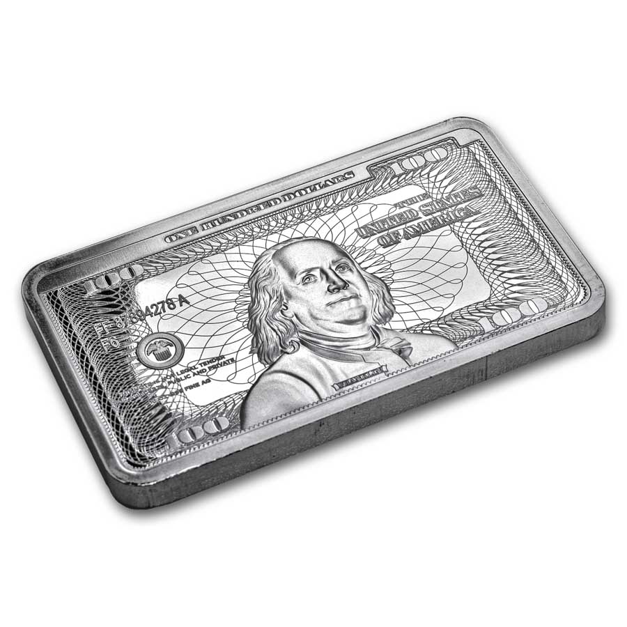 Buy 10 oz Silver Bar – Ben Franklin $100 Bill Design | APMEX