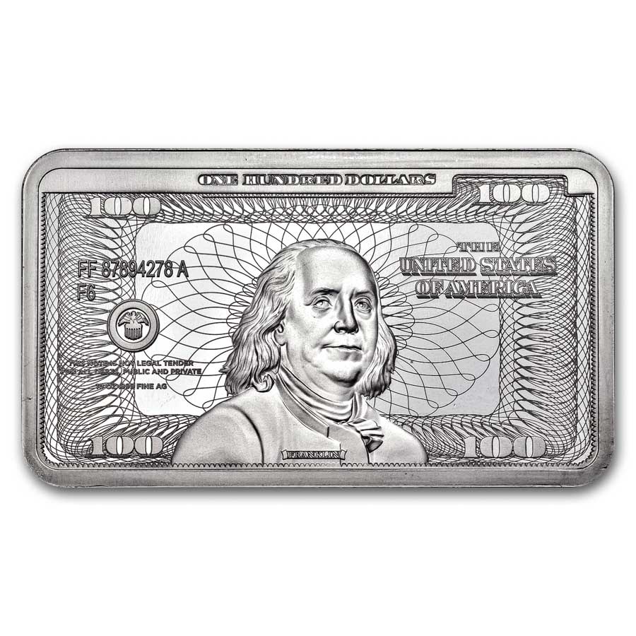 10 oz Silver Bar – Ben Franklin $100 Bill Design