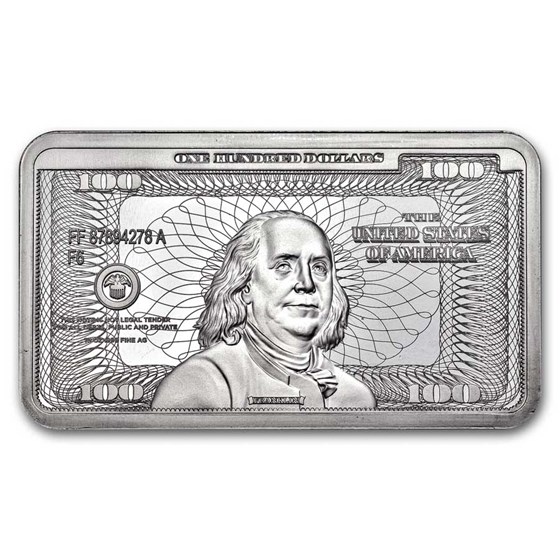 10 oz Silver Bar – Ben Franklin $100 Bill Design 10 oz Silver Bar – Ben Franklin $100 Bill Design