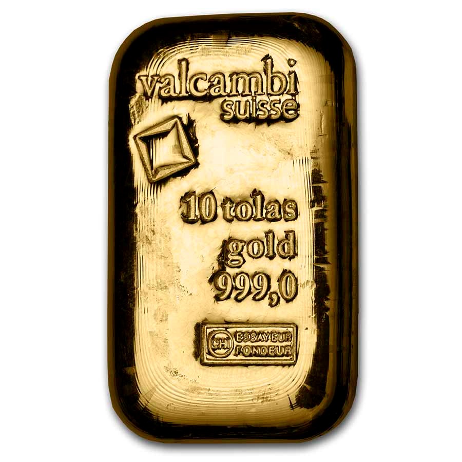 10 Tolas Gold Bar - Valcambi (Cast/Poured w/Assay)