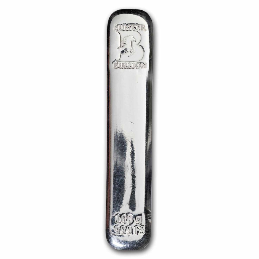 100 gram Cast-Poured Silver Bar - Bunker Bullion Long Skinny Bar
