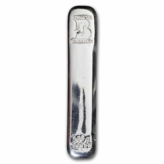 100 gram Cast-Poured Silver Bar - Bunker Bullion Long Skinny Bar 100 gram Cast-Poured Silver Bar - Bunker Bullion Long Skinny Bar