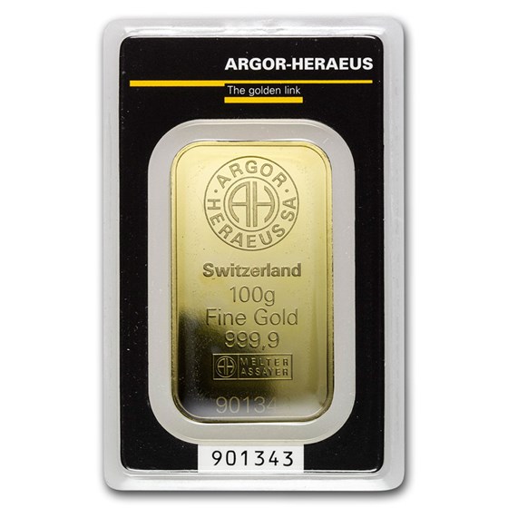 100 gram Gold Bar - Argor-Heraeus (In Assay) 100 gram Gold Bar - Argor-Heraeus (In Assay)