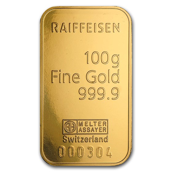 100 gram Gold Bar - Argor-Heraeus (Raiffeisen, Hologram)