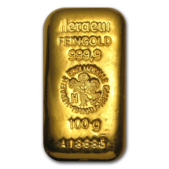 100 gram Gold Bar - Heraeus (Hanau, Germany, w/Flower) 100 gram Gold Bar - Heraeus (Hanau, Germany, w/Flower)