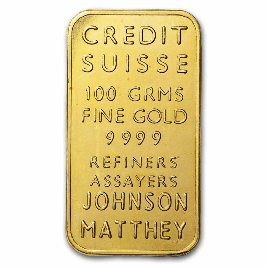 100 In Gold Buy 100 gram Gold Johnson Matthey Bar Credit Suisse | APMEX