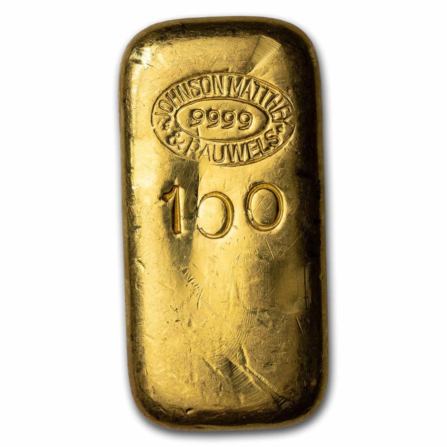 100 In Gold 100 gram Gold Bar - Johnson Matthey-Pauwels (Poured)