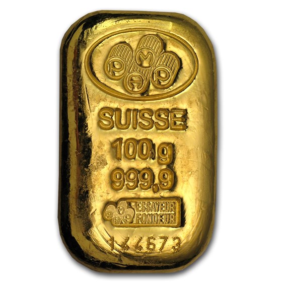 100 gram Gold Bar - PAMP Suisse (Cast, w/Assay)