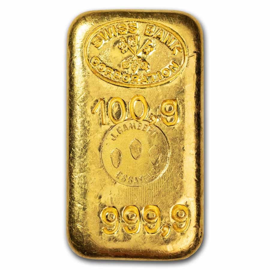 100 gram Gold Bar - Swiss Bank (J. Gambert/Three Acorns, Poured)