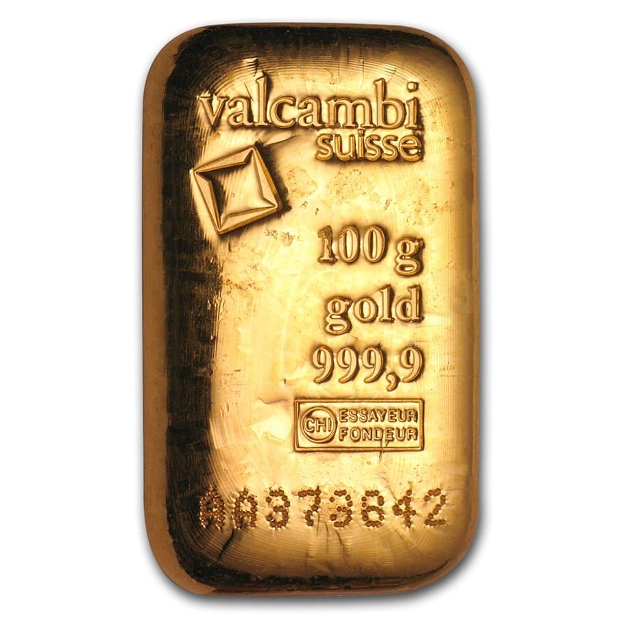 100 gram Gold Bar - Valcambi (Cast/Poured w/Assay)