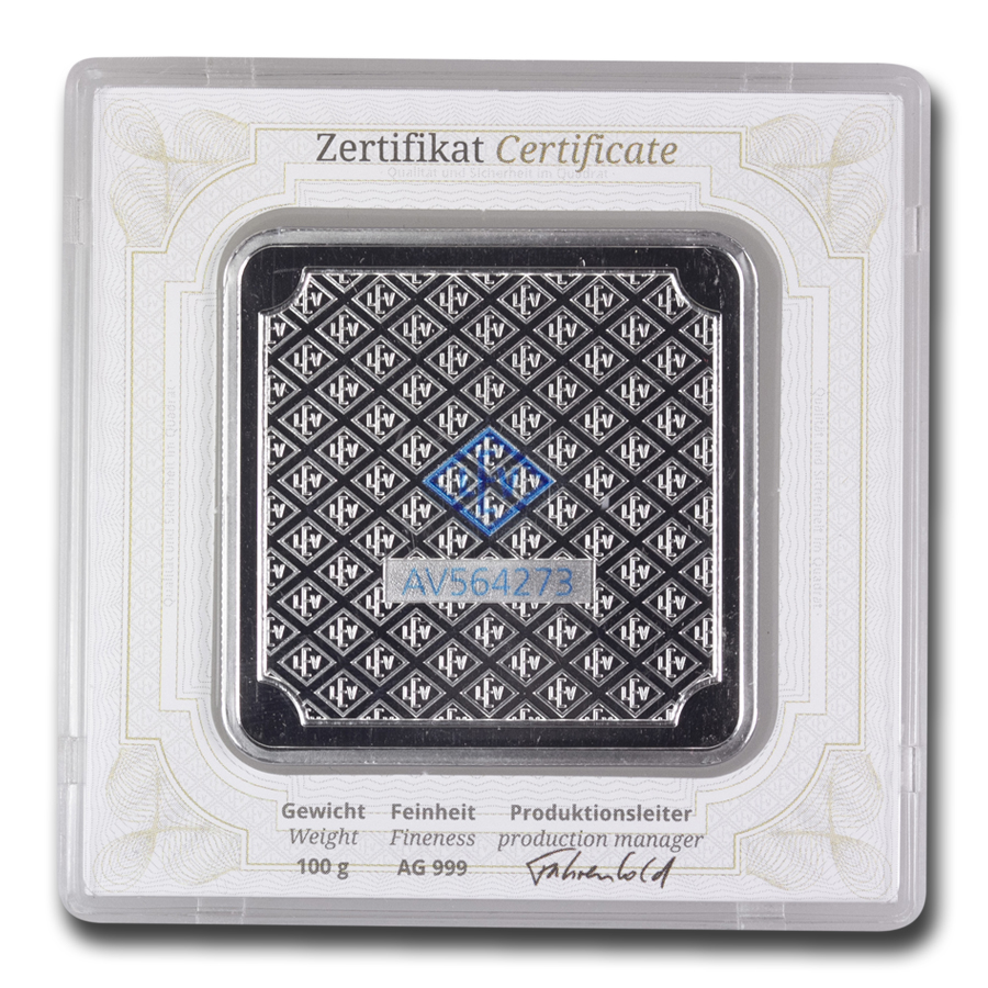 100 gram Silver Bar - Geiger Edelmetalle (Original Square Assay