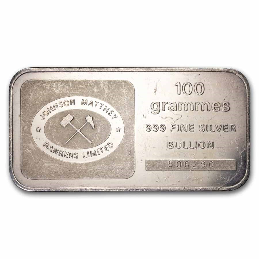100 gram Silver Bar - Johnson Matthey (Bankers Limited, Engraved)