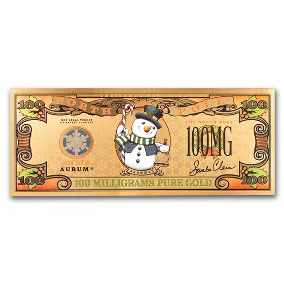 100 Milligram The North Pole Holiday Gold Bill (Frosty)