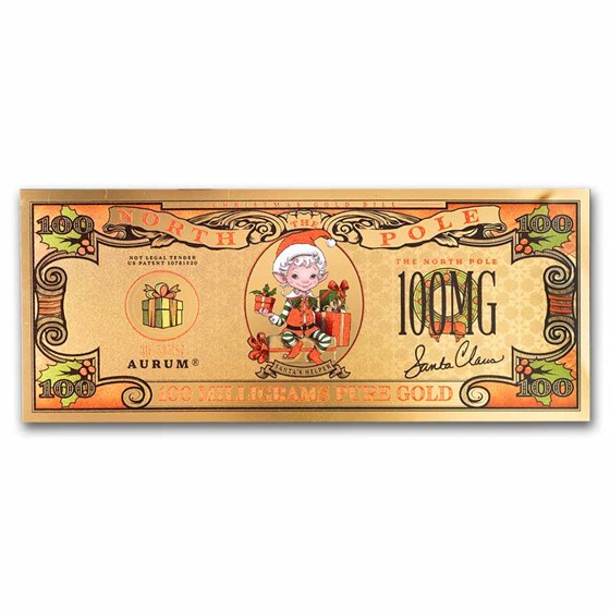 100 Milligram The North Pole Holiday Gold Bill (Santa's Helper)