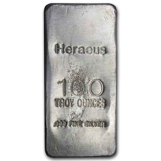 100 oz Cast-Poured Silver Bar - Heraeus 100 oz Cast-Poured Silver Bar - Heraeus