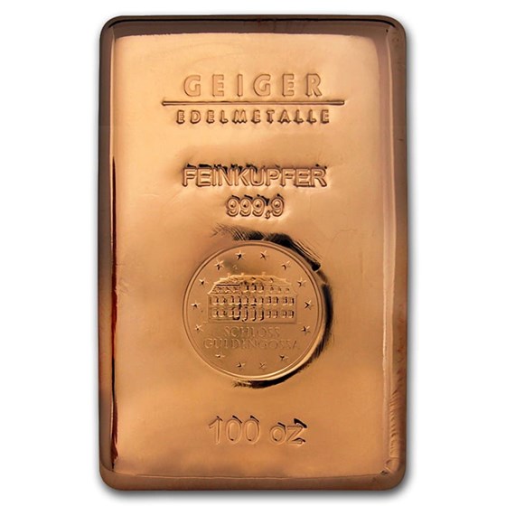 100 oz Copper Bar - Geiger (Poured, .9999 Fine) 100 oz Copper Bar - Geiger (Poured, .9999 Fine)