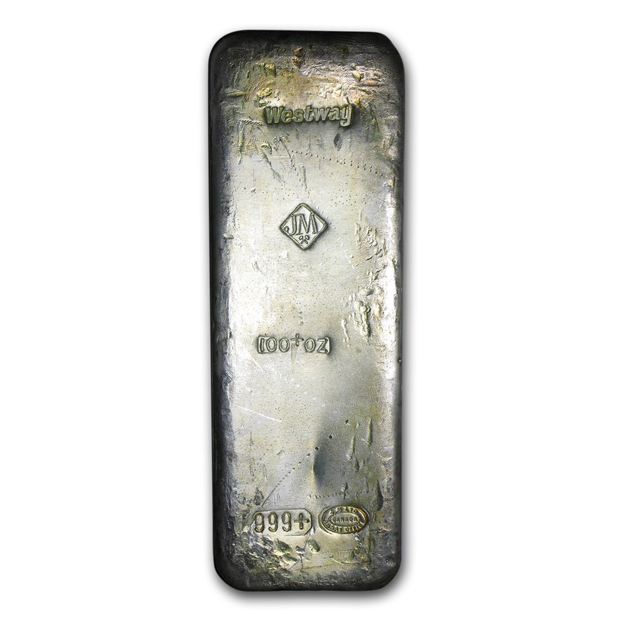 Buy 100 oz Silver Bar Johnson Matthey (Canada, Westway) APMEX