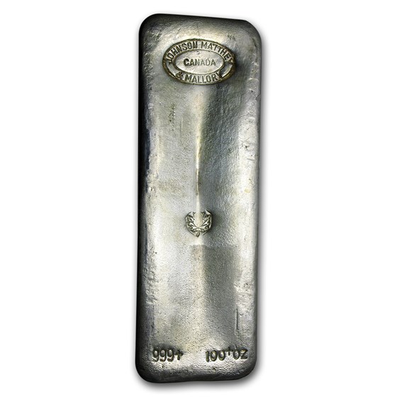 100 oz Silver Bar - Johnson Matthey & Mallory (Maple Leaf) 100 oz Silver Bar - Johnson Matthey & Mallory (Maple Leaf)