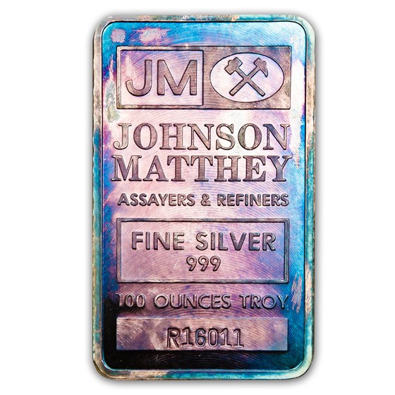 100 oz Silver Bar - Johnson Matthey (Pressed, Beautiful Toning) 100 oz Silver Bar - Johnson Matthey (Pressed, Beautiful Toning)