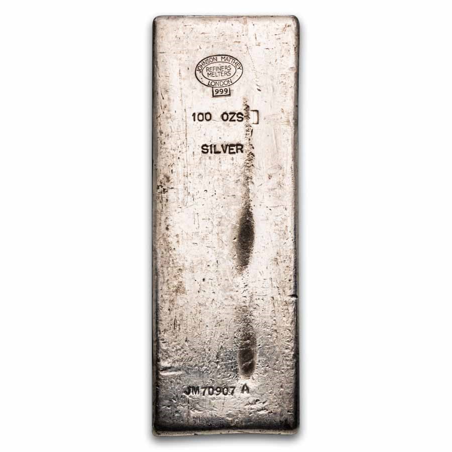 100 oz Silver Bar - Vintage Johnson Matthey (London, JM 70907A)