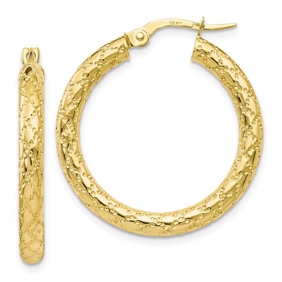 10K Polished and Textured Hinged Hoop Earrings - 26 mm
