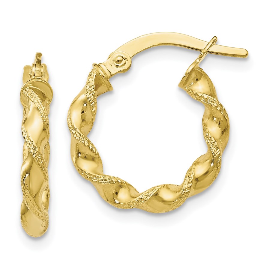 10K Polished & Textured Twisted Hinged Hoop Earrings - 17 mm
