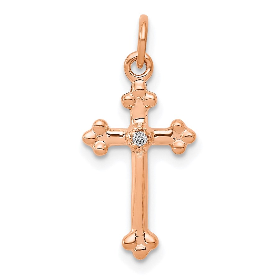 10K Rose Gold Small Diamond Budded Cross Pendant - 21.5 mm